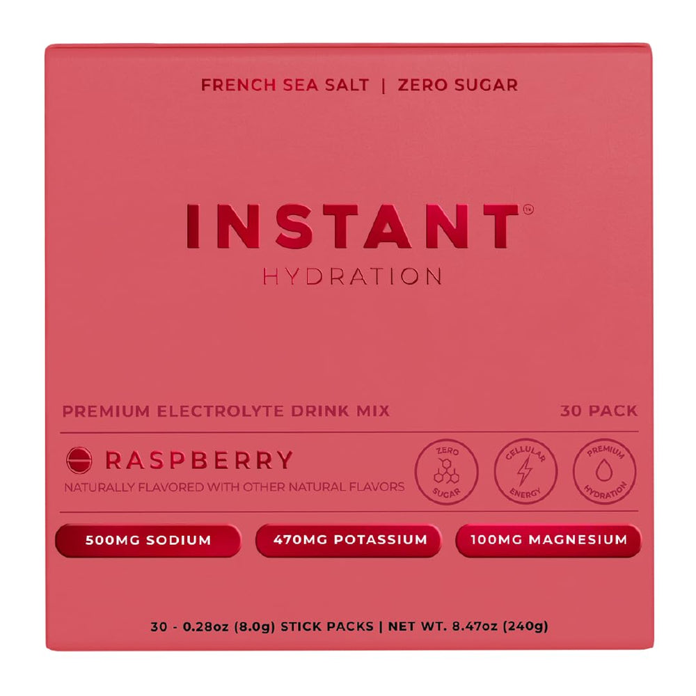 Instant Hydration raspberry packets front view for quick, zero-sugar hydration.