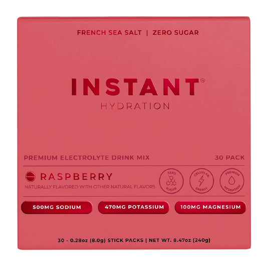 Instant Hydration raspberry packets front view for quick, zero-sugar hydration.