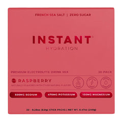 Instant Hydration raspberry packets front view for quick, zero-sugar hydration.