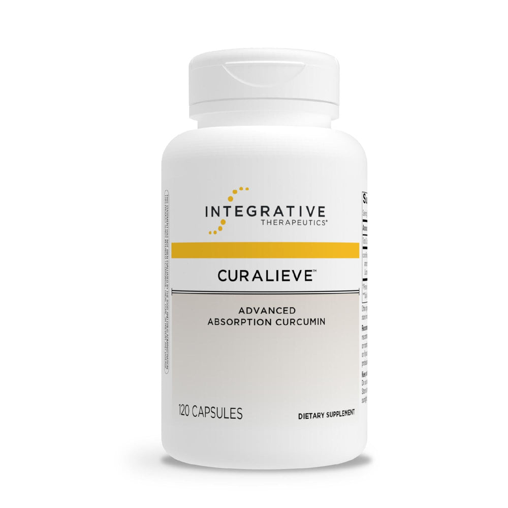 Integrative Therapeutics Curalieve bottle front highlighting vegan, gluten-free curcumin formula