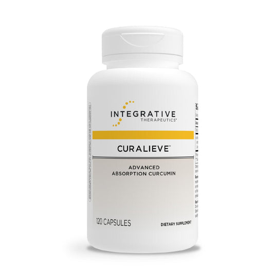 Integrative Therapeutics Curalieve bottle front highlighting vegan, gluten-free curcumin formula