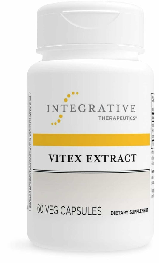 Integrative Therapeutics Vitex Extract bottle highlights vegan PMS support.