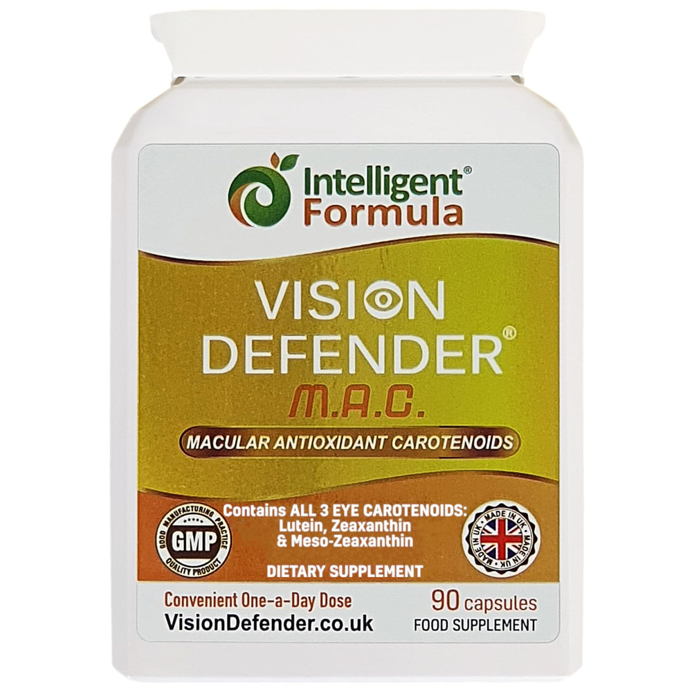 Intelligent Formula Vision Defender MAC bottle on shelf, supports daily eye health.