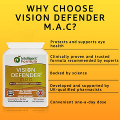 Close-up of Vision Defender MAC capsule, an easy daily eye health supplement.