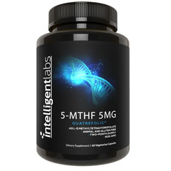 Intelligent Labs 5-MTHF bottle label highlighting Quatrefolic activated folate for daily use