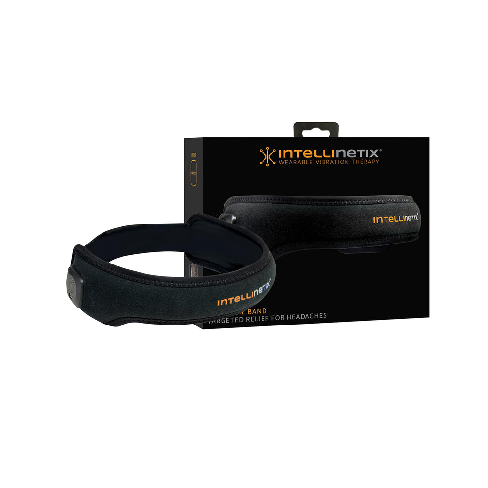 Intellinetix Headache Band worn as a wearable device for gentle vibration relief.