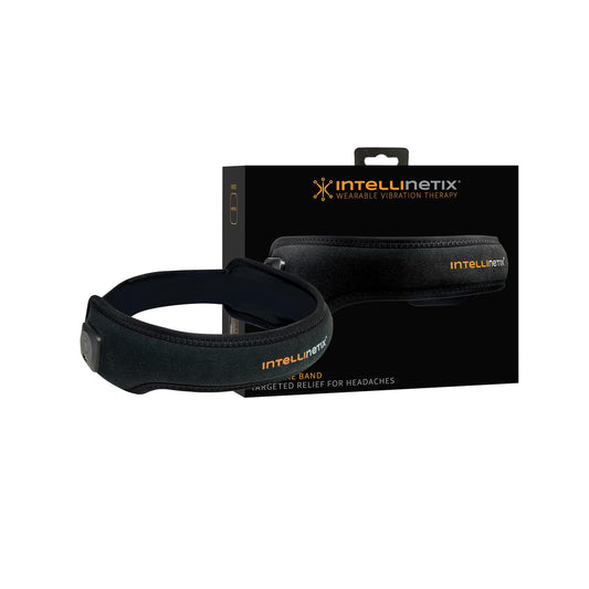 Intellinetix Headache Band worn as a wearable device for gentle vibration relief.
