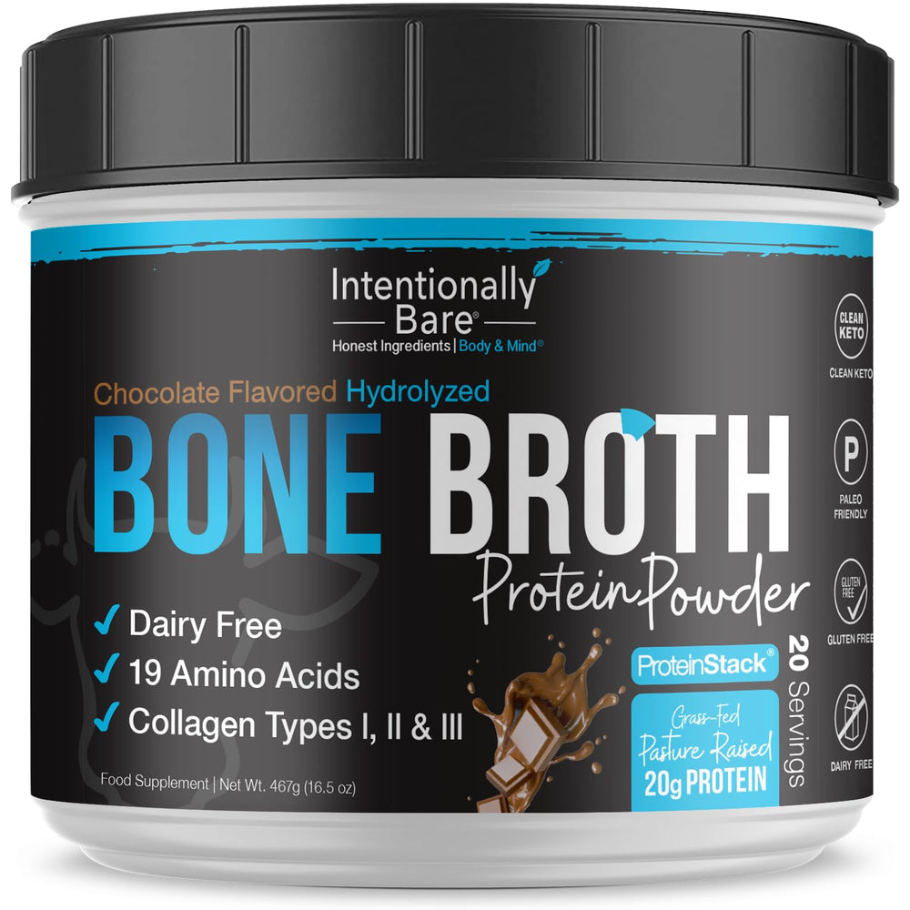 Intentionally Bare bone broth protein powder chocolate bottle shows a dairy-free protein option for daily use.