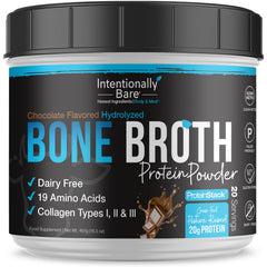 Intentionally Bare bone broth protein powder chocolate bottle shows a dairy-free protein option for daily use.