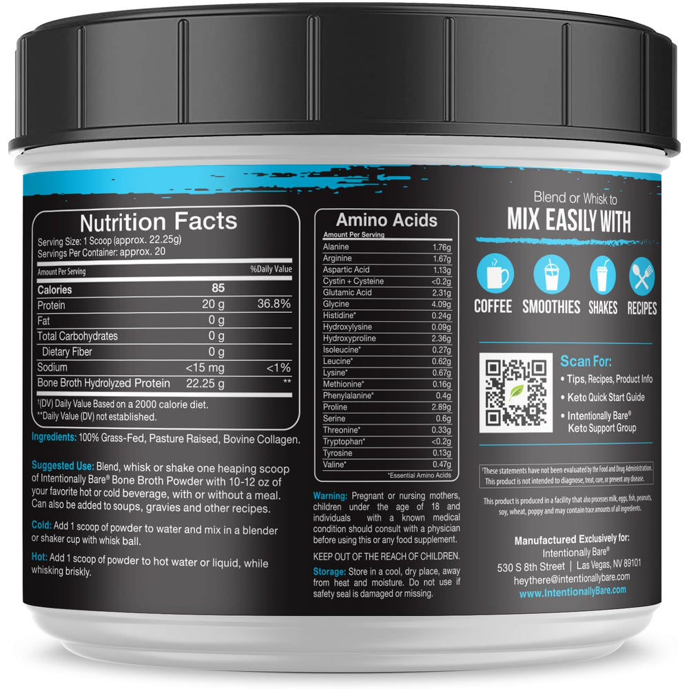 Intentionally Bare bone broth powder unflavored shaker ready for dairy-free beverages.