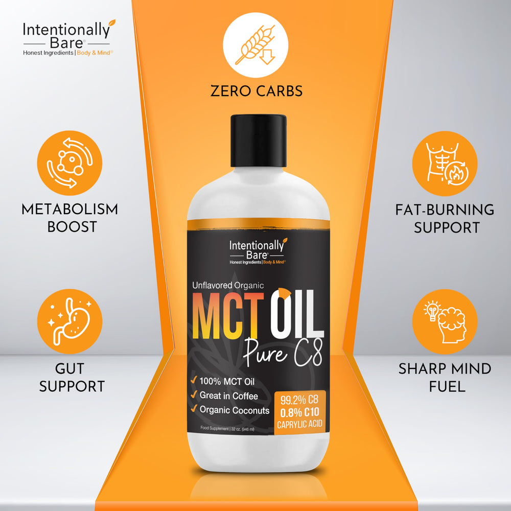 Intentionally Bare MCT oil bottle with label showing C8 content.