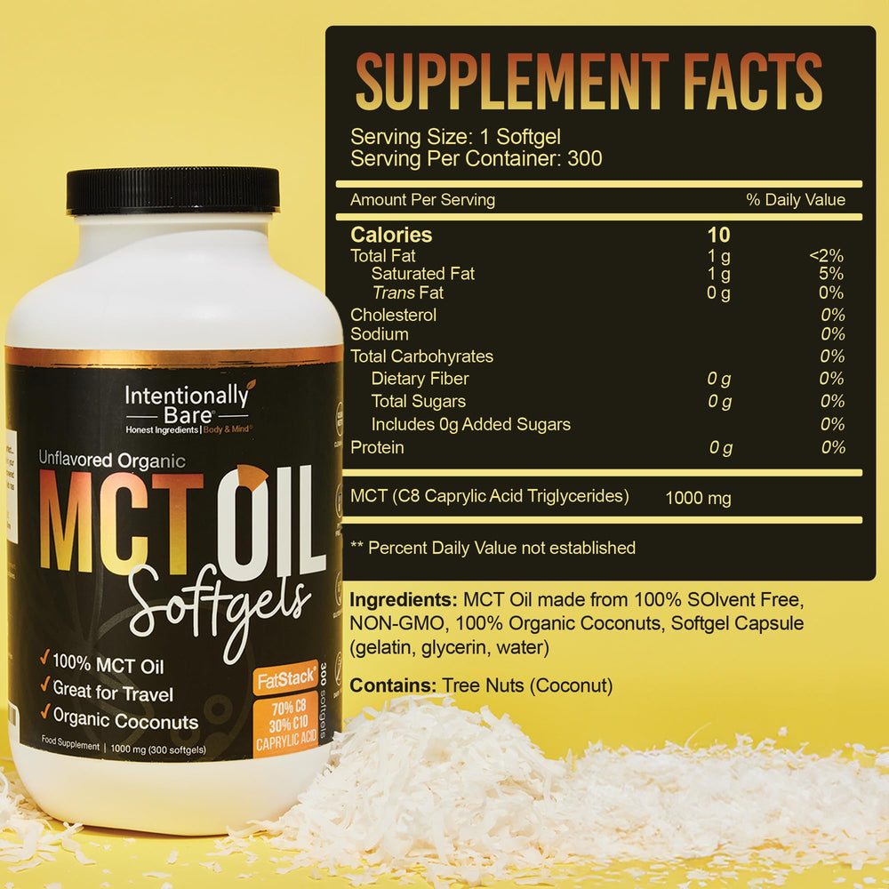 Intentionally Bare MCT capsules bottle open for on-the-go use.