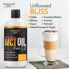 Intentionally Bare MCT oil closeup on label highlighting 99.2% C8.