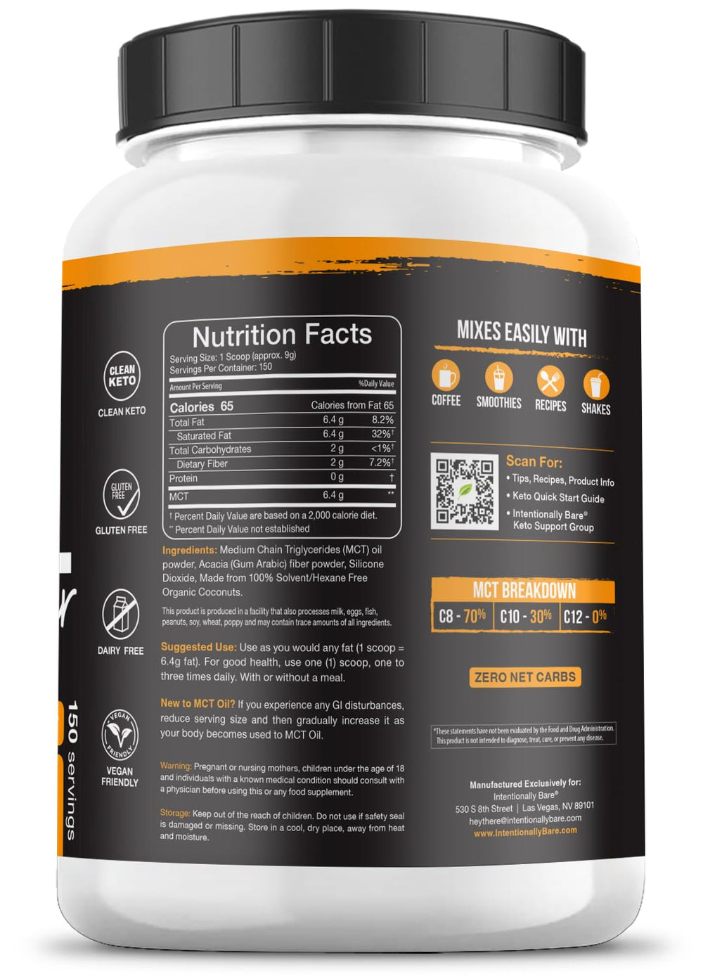 Intentionally Bare MCT Oil Powder packaging showing 150 servings