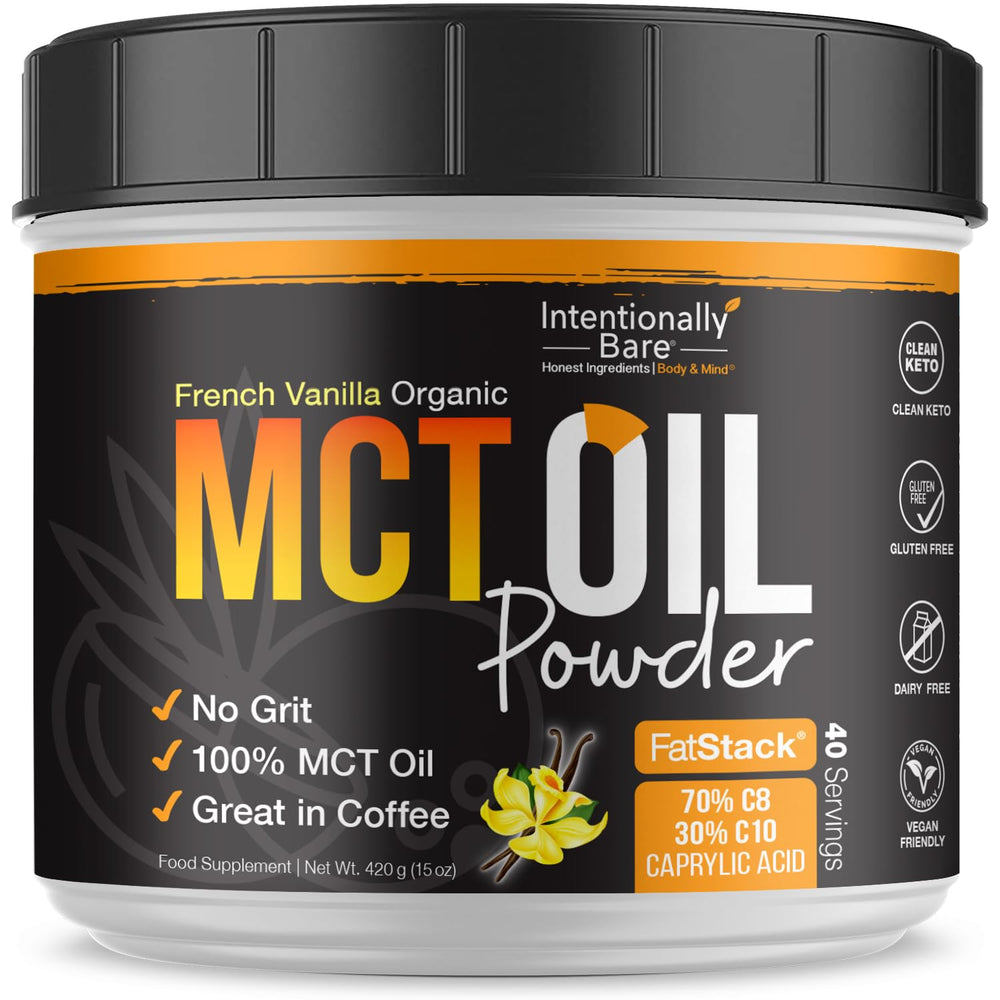 Intentionally Bare MCT Oil Powder French Vanilla tub, creamy keto coffee creamer.