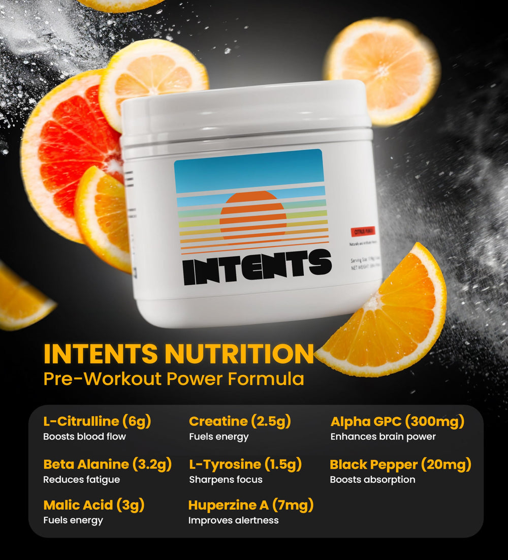 Intents Nutrition Pre Workout scoop for precise, jitter-free dosing
