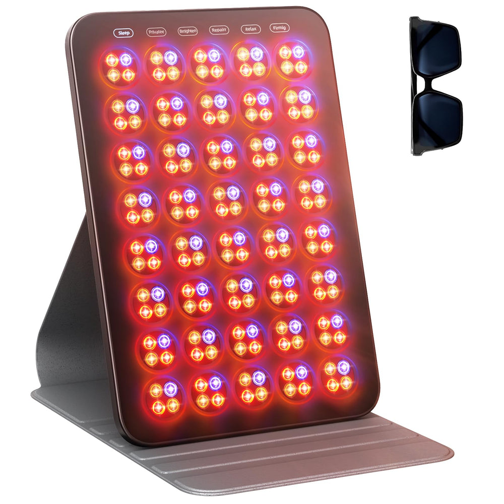 INTEO red light therapy face panel showing six modes for skin vitality at home