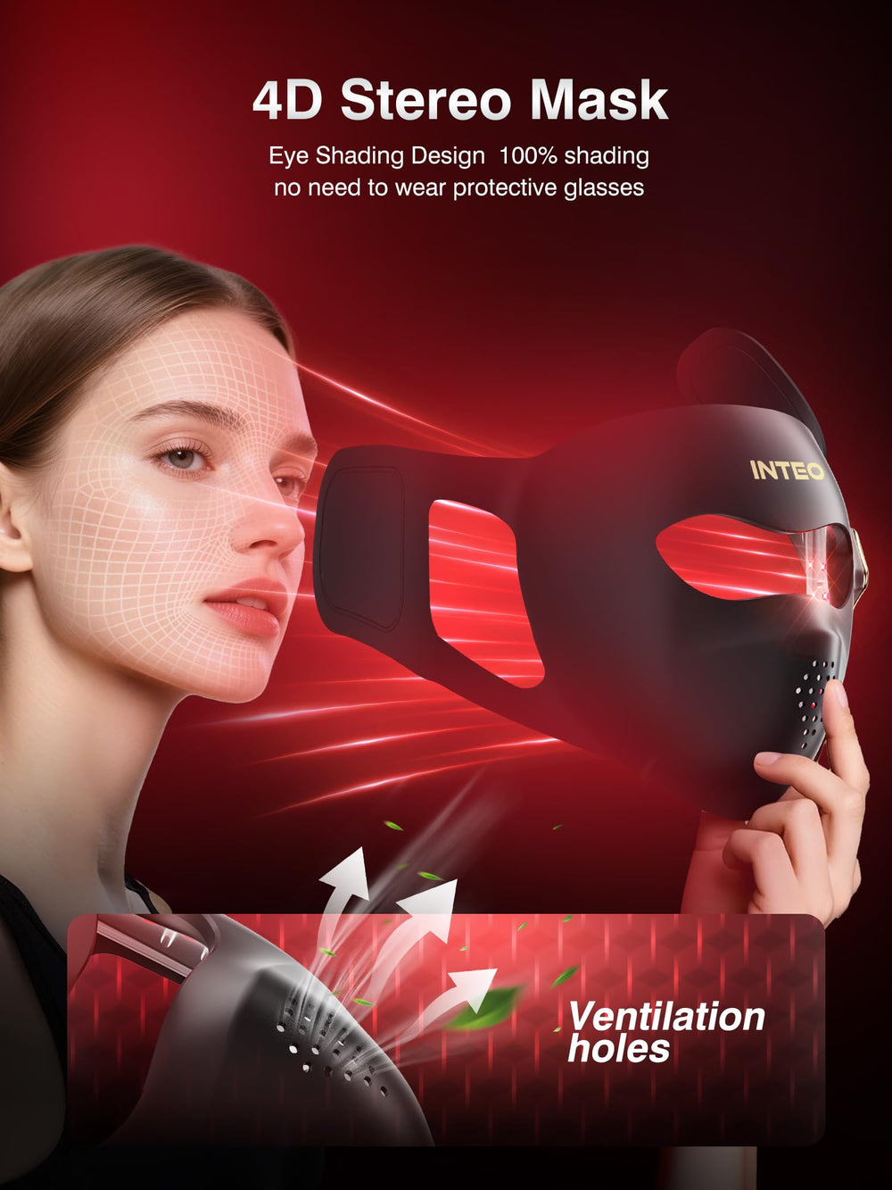 INTEO ventilated mask design promotes air flow during sessions.