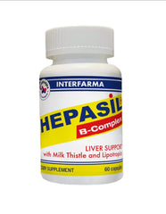 Interfarma Hepasil B-Complex bottle side label highlights Silymarin content.