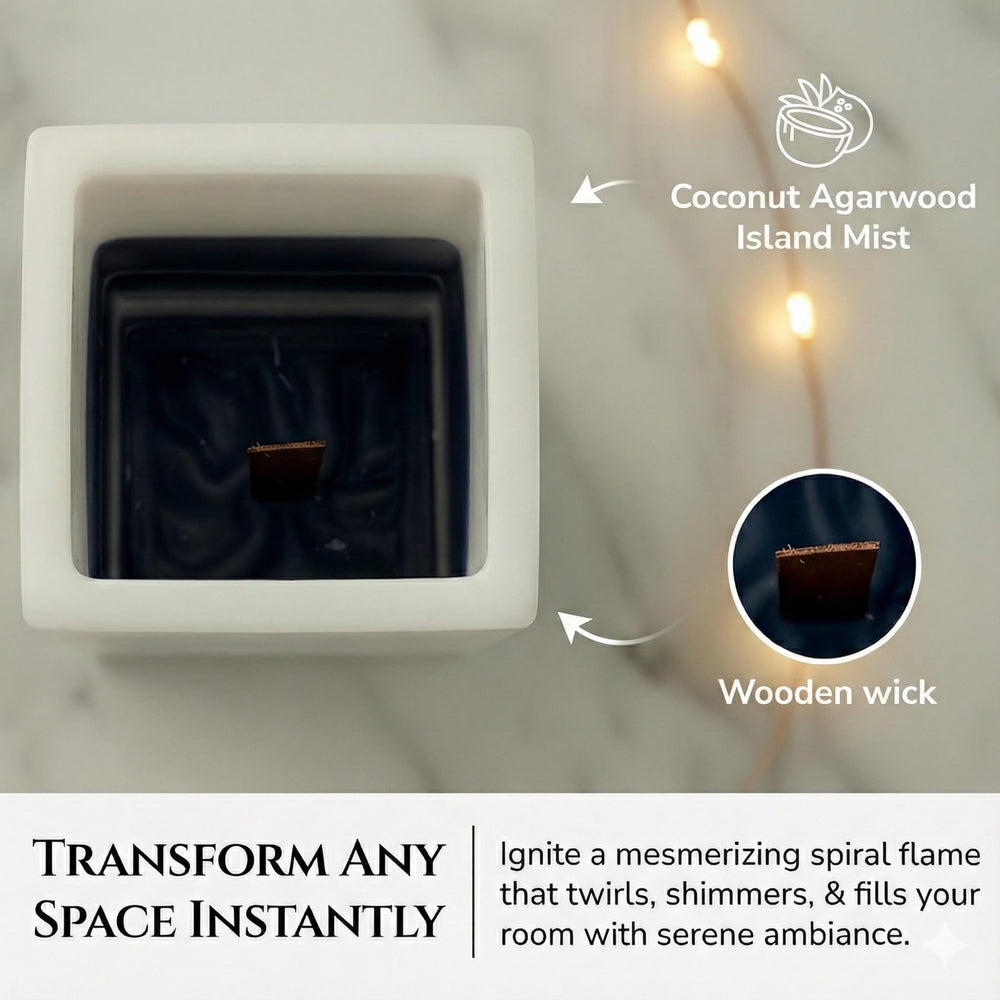 INTERGAZE LUMINORA wooden wick highlight for steady flame and cozy crackle.