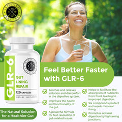 Intestinal Fortitude GLR-6 ingredients panel: gut lining support via L-glutamine and botanicals.
