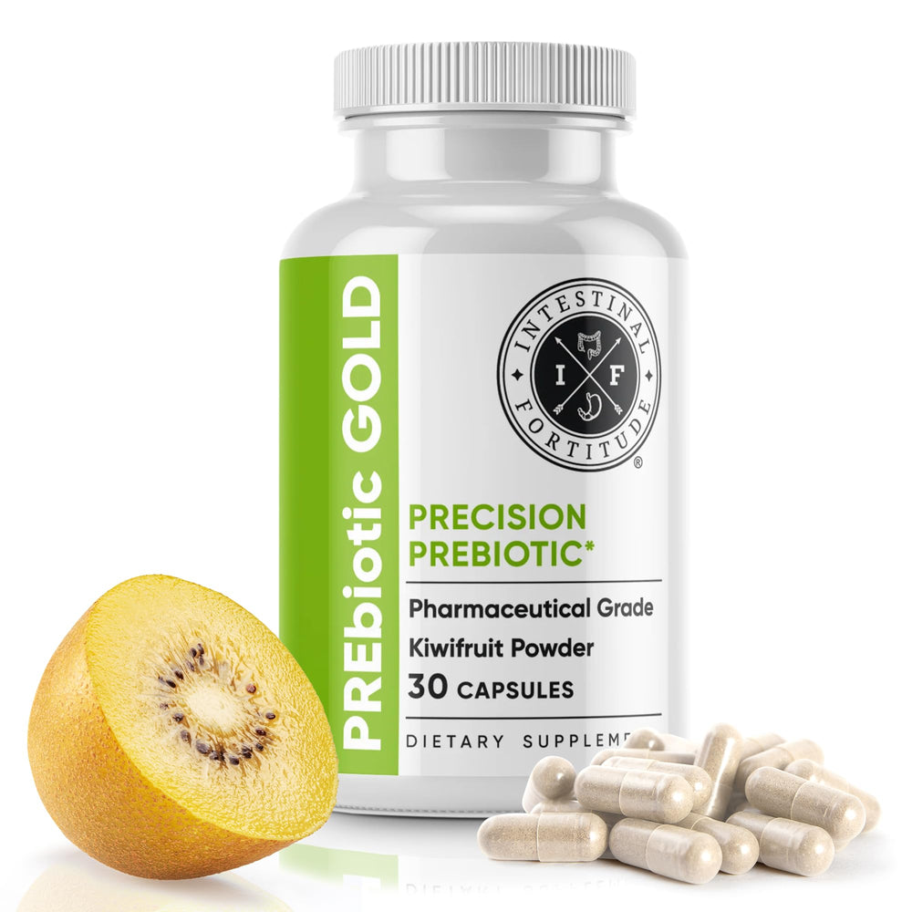 Intestinal Fortitude PREbiotic Gold bottle front with Livaux kiwifruit powder for gut balance