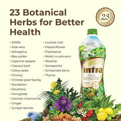 Intra Herbal Juice label closeup details the 23 botanical extracts included