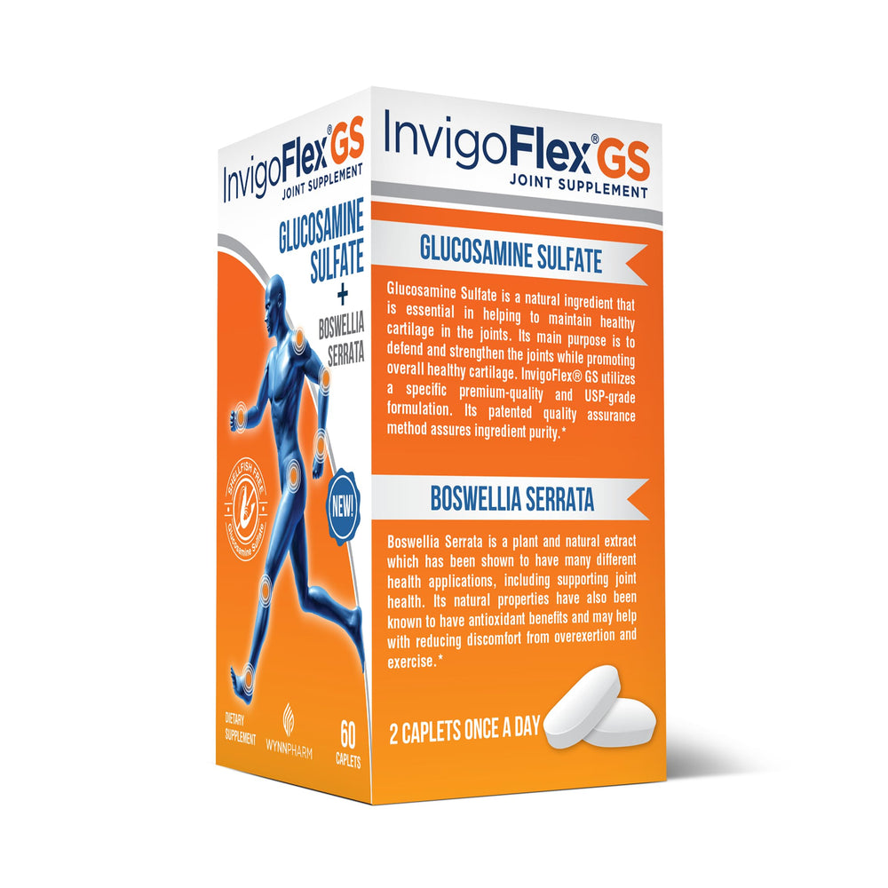 InvigoFlex GS packaging close-up emphasizing gluten-free formula.