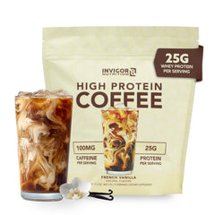 INVIGOR8 high-protein coffee powder bottle shows keto-friendly energy on the go.