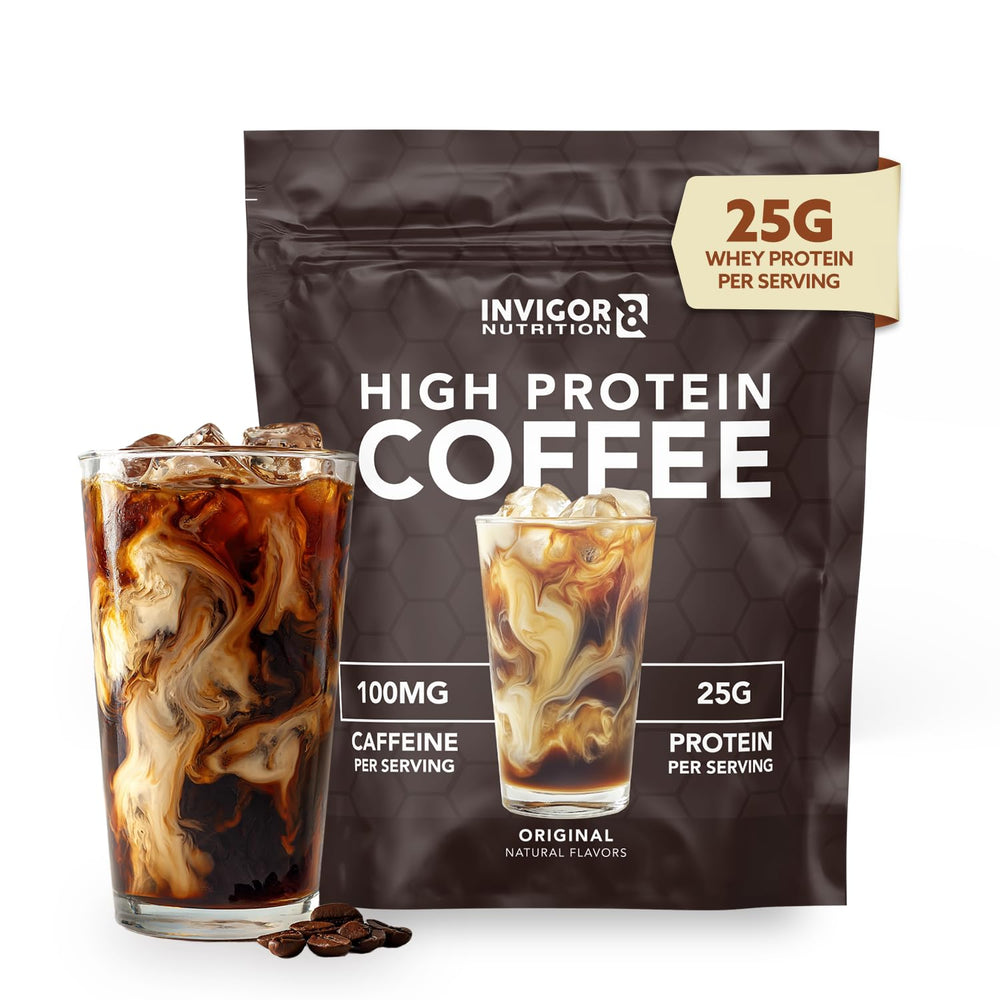 INVIGOR8 high-protein coffee powder jar with scoop for quick protein coffee.