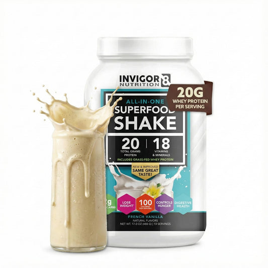 INVIGOR8 Superfood Shake vanilla in glass shows creamy texture and flavor.
