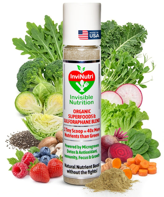 InviNutri Invisible Nutrition bottle with scoop, convenient daily nutrient boost for meals.