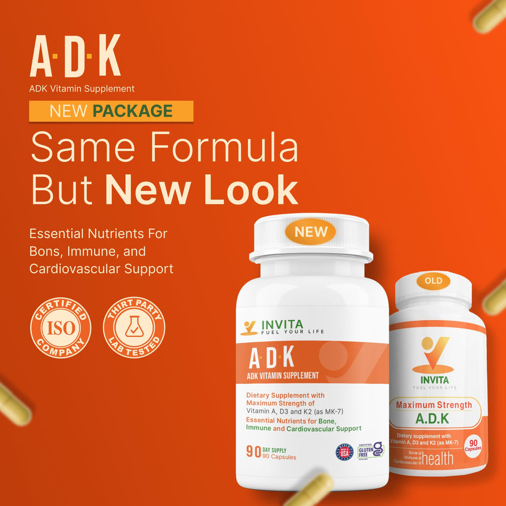 INVITA ADK bottle pour demonstrates convenient daily intake for bone density and immune support.