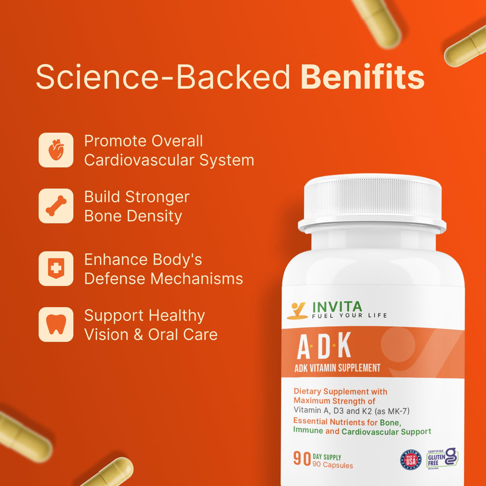 INVITA ADK D3 5000IU highlighting bone health support potential.