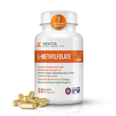 INVITA L-Methylfolate 15mg bottle cap close-up showing compact capsules for daily energy support