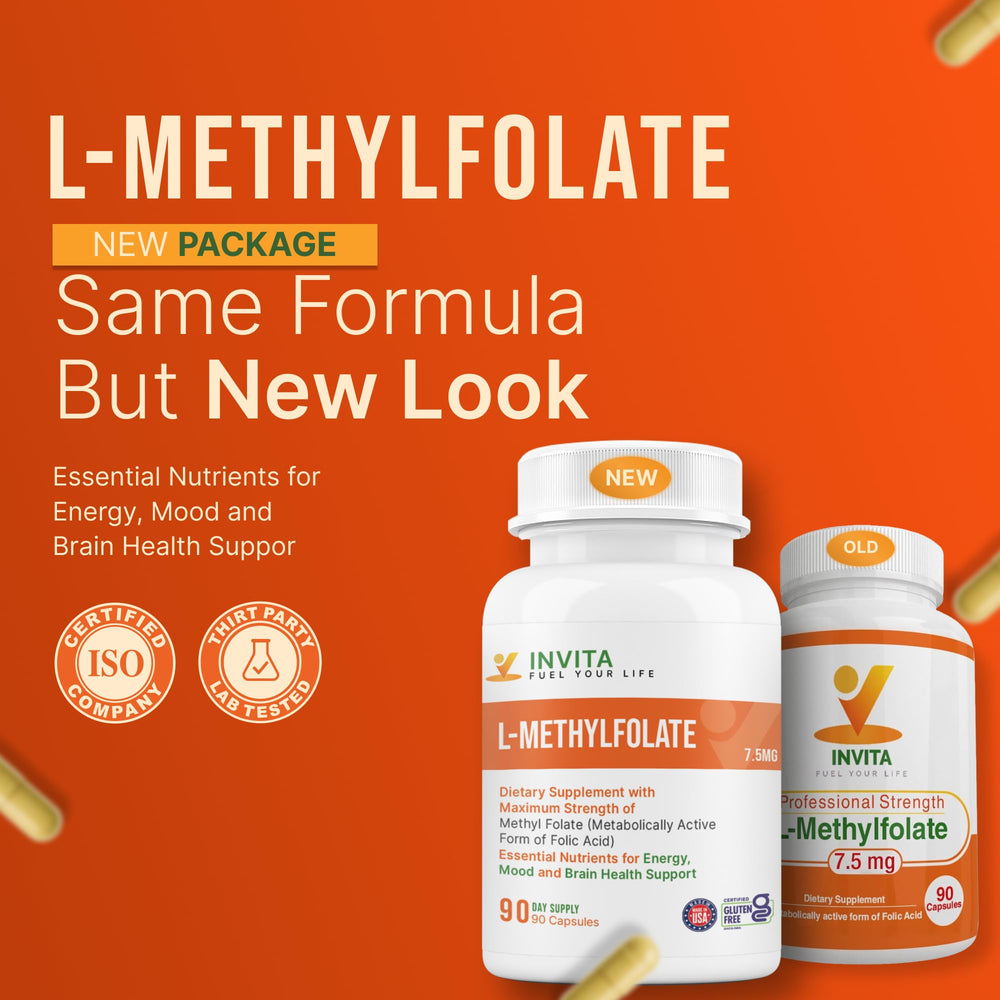 INVITA L-Methylfolate bottle pouring capsules for easy daily use.