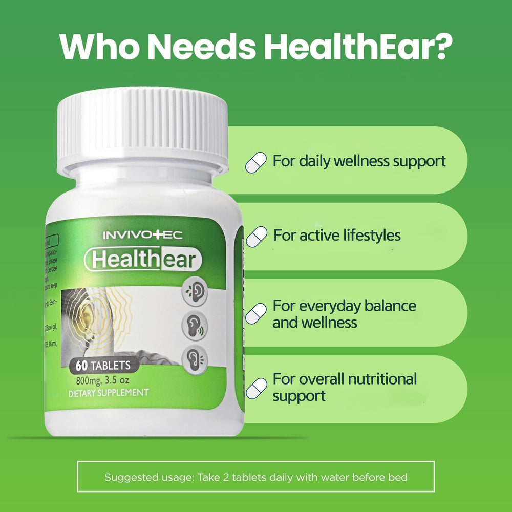 Invivotec Healthear tablets close-up highlights magnesium and B6 for nerve support