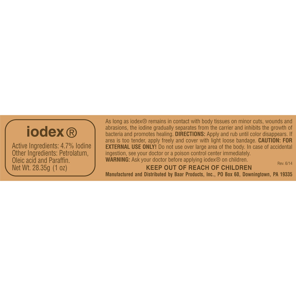 Closeup of IODEX bottle, classic iodine salve for everyday minor injuries.