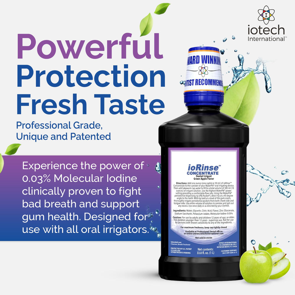 ioRinse active molecular iodine bottle close-up highlights the advanced formula.