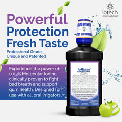 ioRinse active molecular iodine bottle close-up highlights the advanced formula.