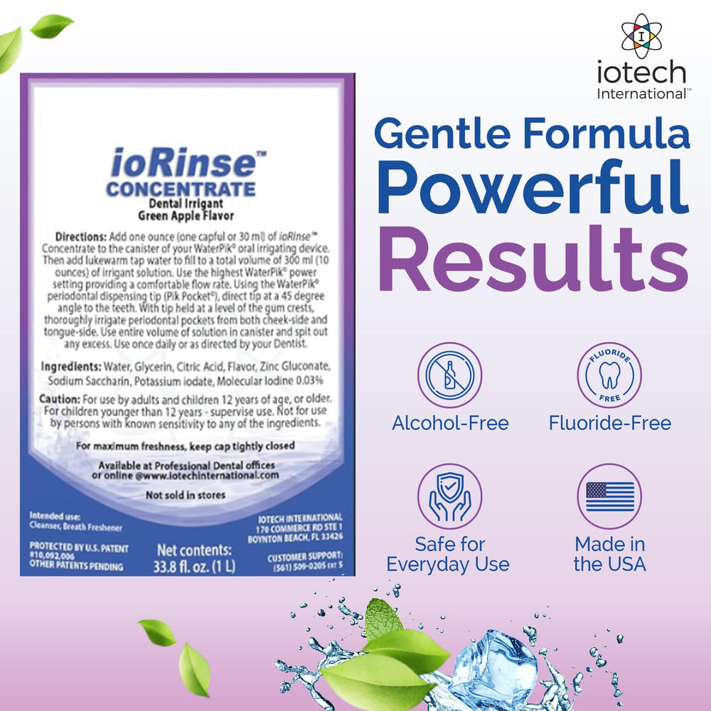 ioRinse label close-up highlights alcohol-free and fluoride-free formulation.