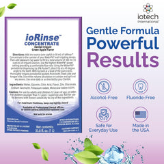 ioRinse label close-up highlights alcohol-free and fluoride-free formulation.