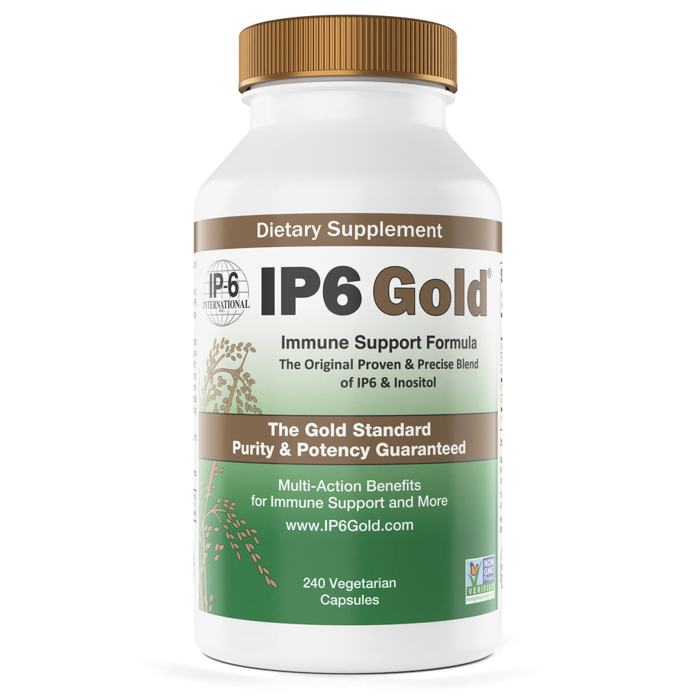 IP6 Gold capsules in bottle highlight pure ingredients for immune support.