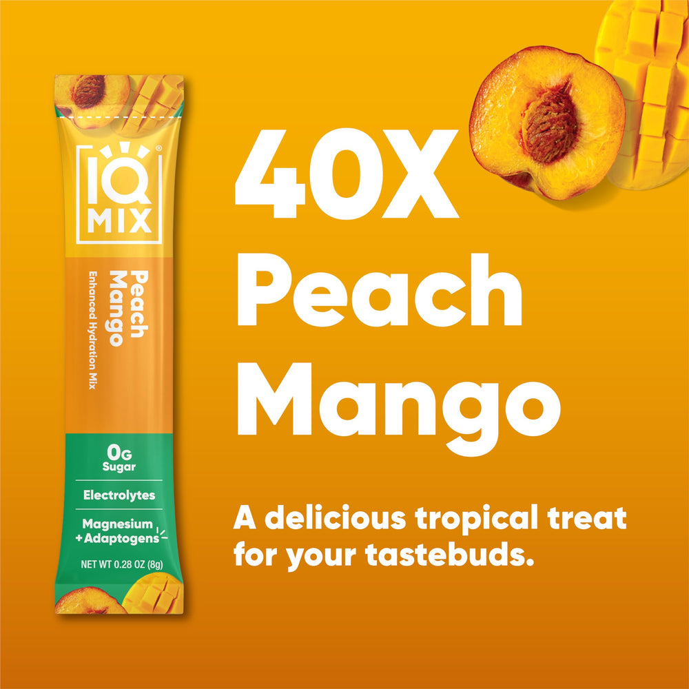 IQBAR IQMIX peach mango stick close-up highlighting convenient sugar-free hydration.