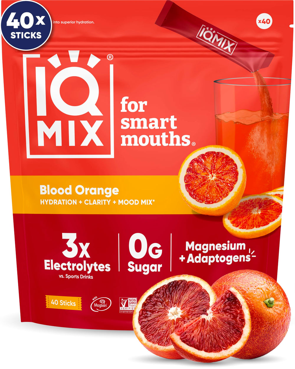 IQMIX Blood Orange packet ready to mix, delivers on-the-go hydration and mental clarity.
