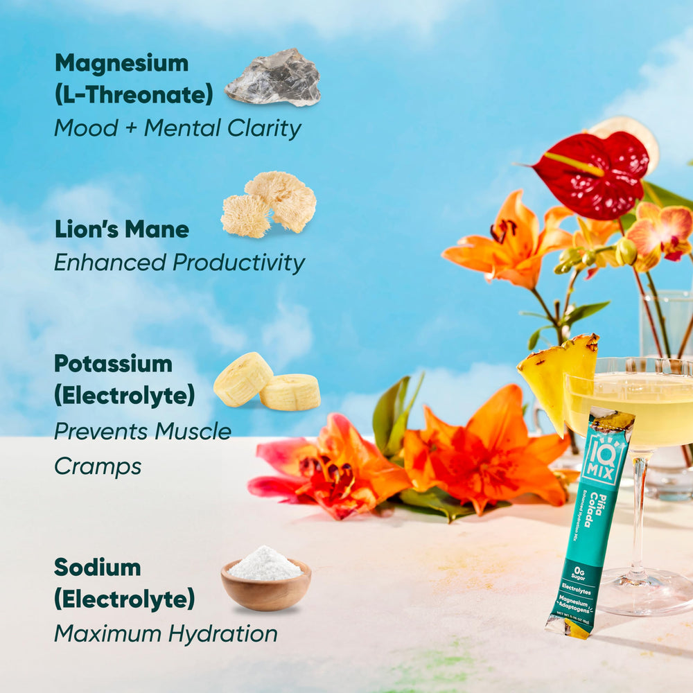 IQMIX glass with prepared drink emphasizing refreshing hydration and mood.