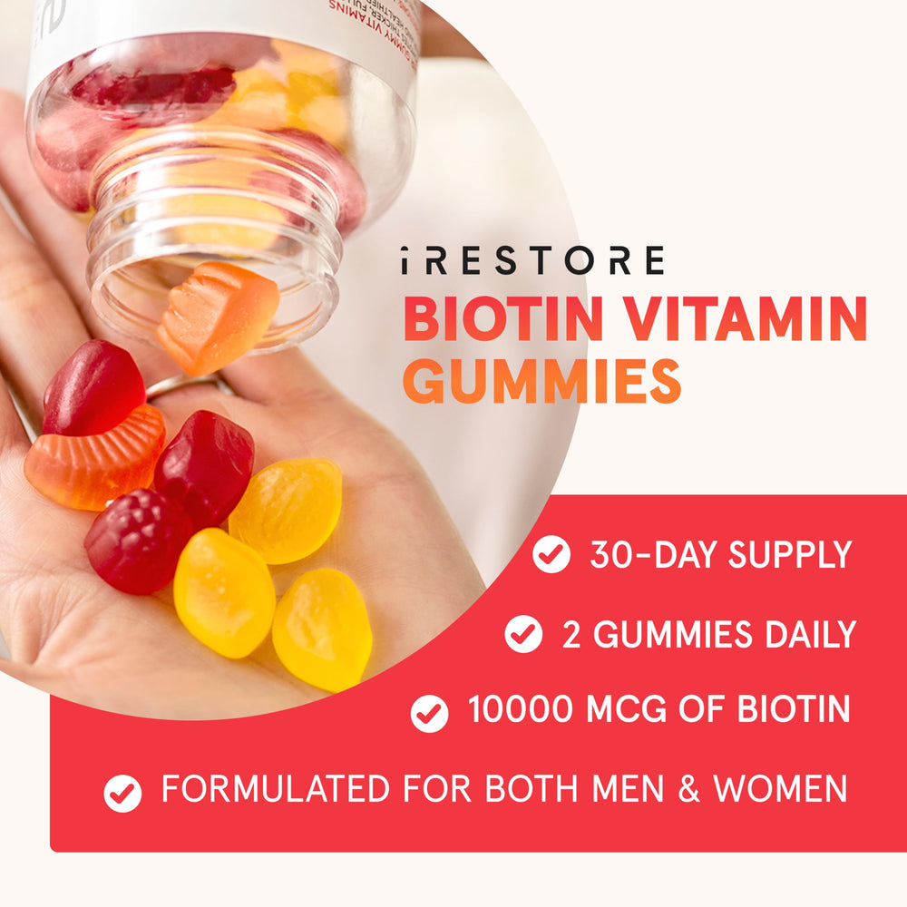 iRestore Biotin Gummies back label highlights vegan, gluten-free ingredients