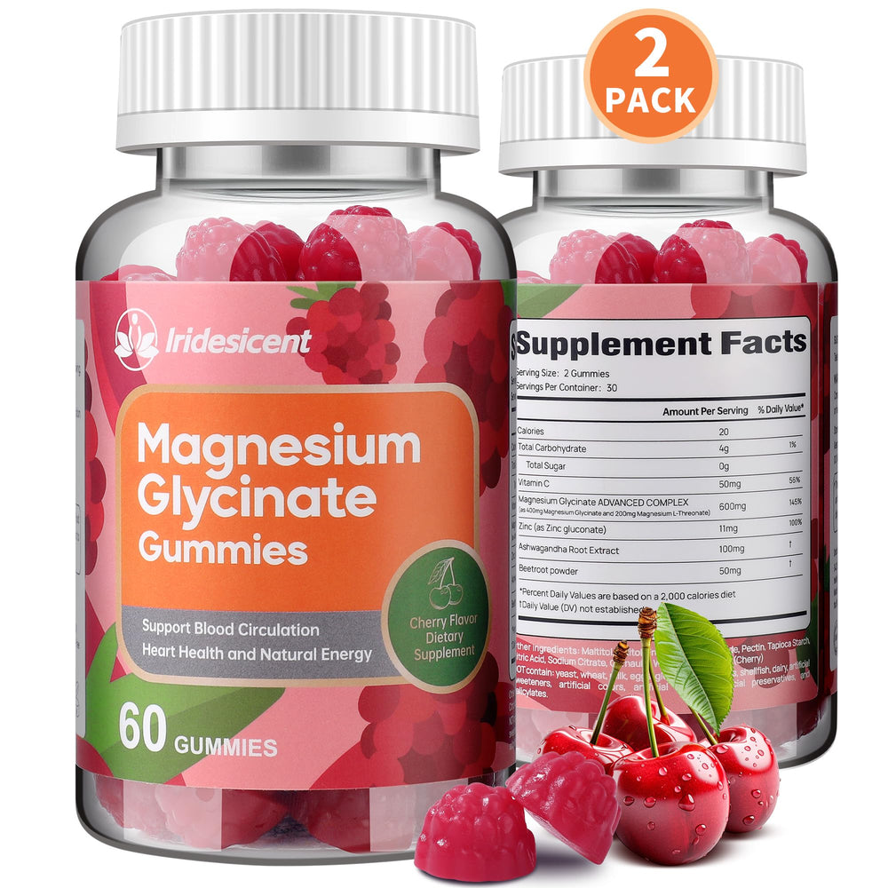 IRIDESICENT dosage guide on bottle illustrating two gummies per serving