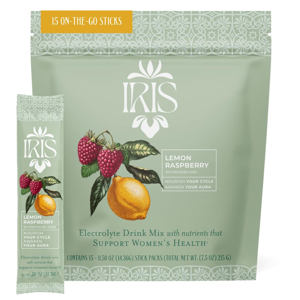 Iris Hormone Health electrolyte drink packets shown for on-the-go hydration
