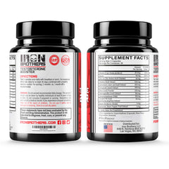 Iron Brothers Men’s Testosterone Support capsules close-up shows Tribulus and Tongkat Ali blend for consistent training.